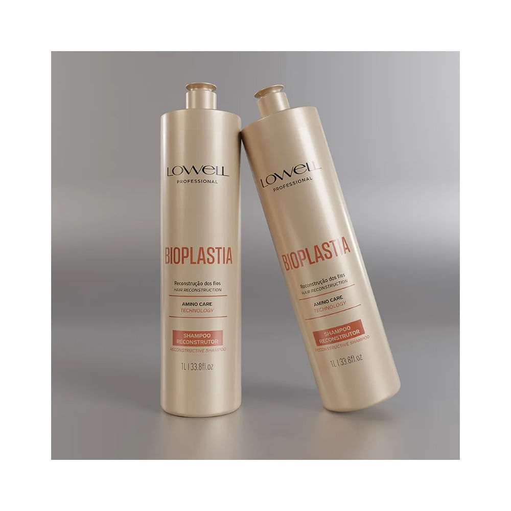 Duas embalagens do Shampoo Lowell Bioplastia Reconstrução 1L em fundo cinza